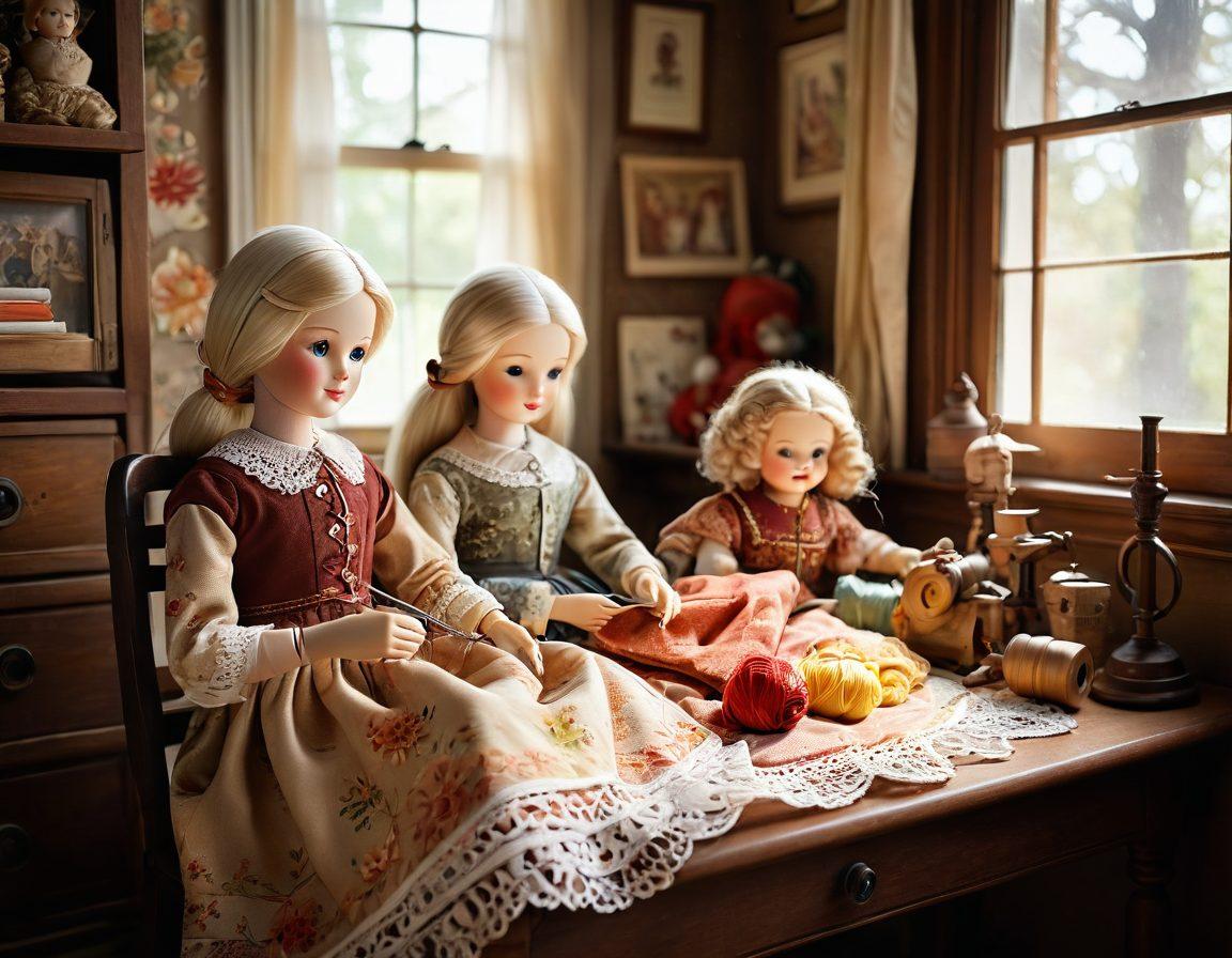 A cozy, warmly lit room filled with beautifully crafted granny dolls, each with unique and intricate details, showcasing the craftsmanship. Surrounding the dolls are vintage sewing tools, colorful yarn, and nostalgic photographs, evoking a sense of warmth and nostalgia. Soft sunlight filters through lace curtains, adding a magical glow to the scene. The serene setting invites the viewer to reminisce and appreciate the art of doll-making. watercolor painting. warm tones. vintage style.