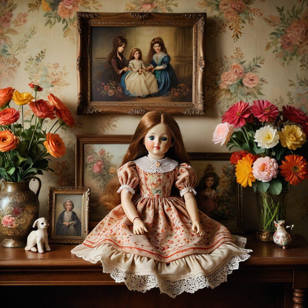 A beautifully crafted vintage doll, dressed in intricate, colorful fabrics, sitting on an antique wooden shelf filled with vibrant flowers and old photographs. Soft, warm light filters through a nearby window, casting a nostalgic glow. The background features faded wallpaper and a hint of childhood toys scattered around, evoking memories of a bygone era. painterly style. warm tones. vintage aesthetic.